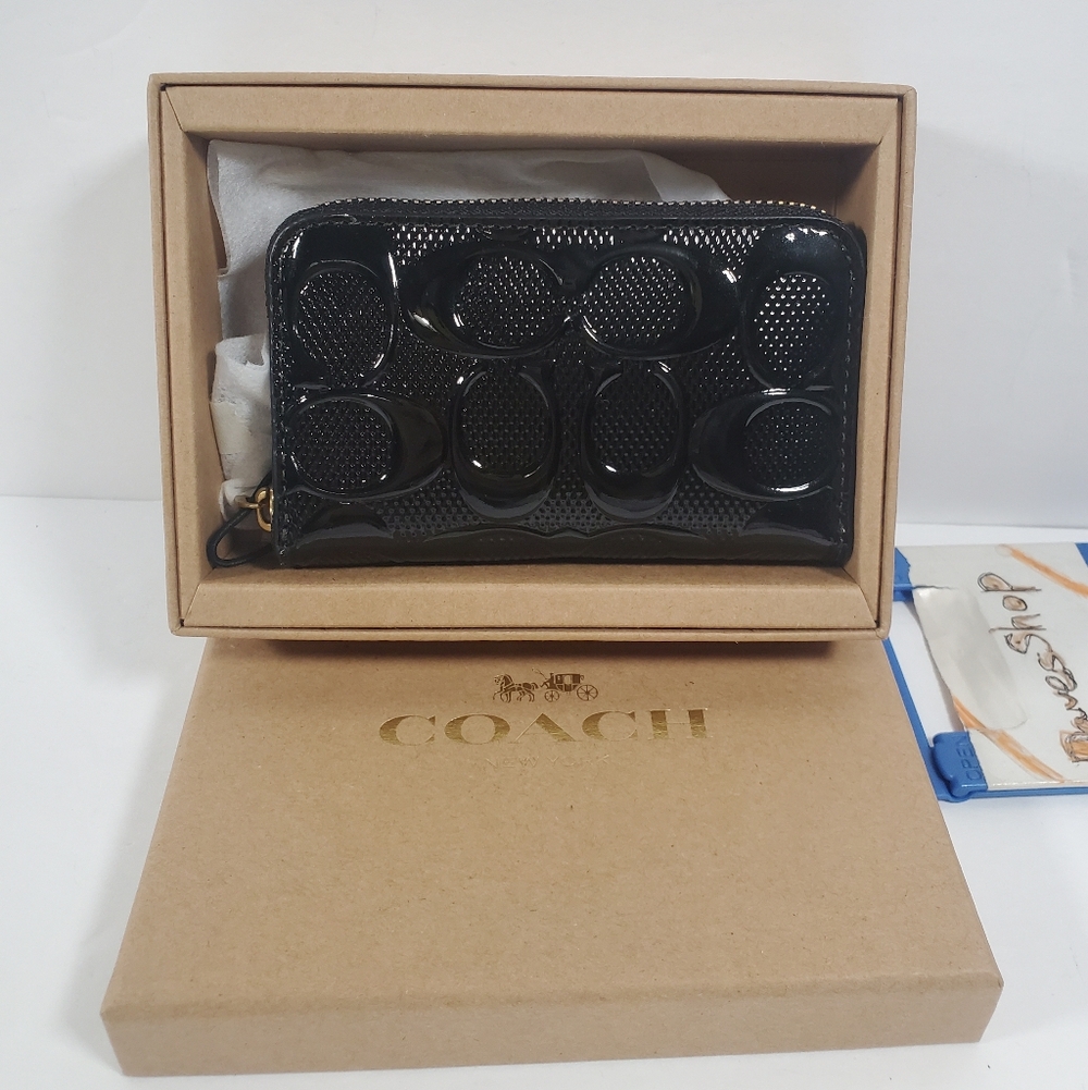SOLD Coach boxed Small Signature Patent Leather Zip Around Wallet NIB